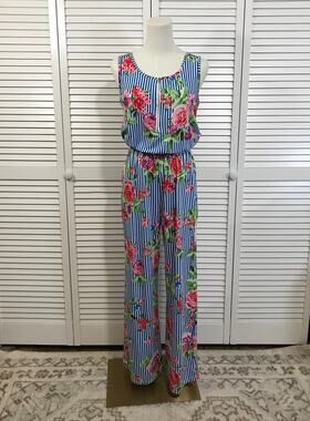 Me 2 Magic Floral Striped Wide Leg Jumpsuit Blue White Pink Preppy Retro S